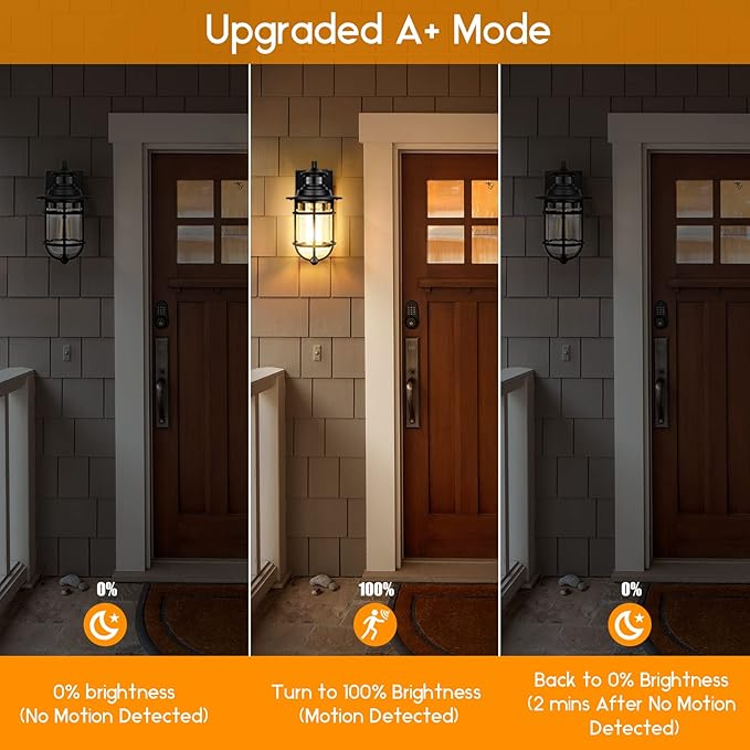 Set of 2 Motion Sensor Outdoor Wall Lantern Dusk to Dawn Waterproof Exterior Wall Sconce With Seeded Glass Black Wall Mount Light Fixture for Porch Doorway Garage E26 Socket Motion Activated