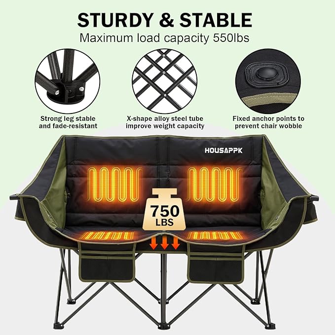 Heated Camping Chair Oversized Heated Double Camping Chair for Adults 2 People Heated Folding Outdoor Sports Chairs for Lawn Hunting and Picnic Supports 750 lbsBattery Not Included