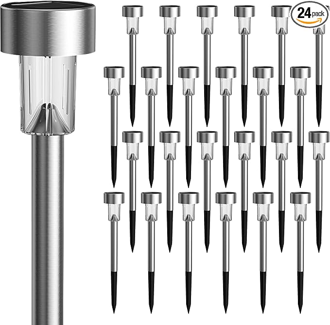 GIGALUMI 24 Pack Solar Path Lights OutdoorSolar Lights Outdoor WaterproofStainless Steel LED Landscape LightingSolar Garden Lights for DrivewayPathwayPatioYard