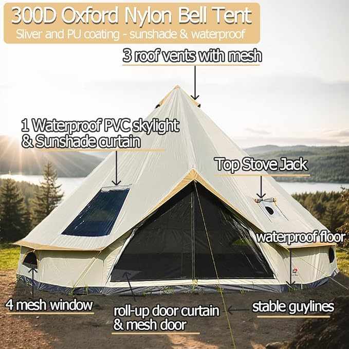 Backpacking Bell Tent with Top Stove Jack for All Year Living 300D Oxford Waterproof Yurt Tents House for Camping Glamping Parties Outdoor Events-13/16.4FT