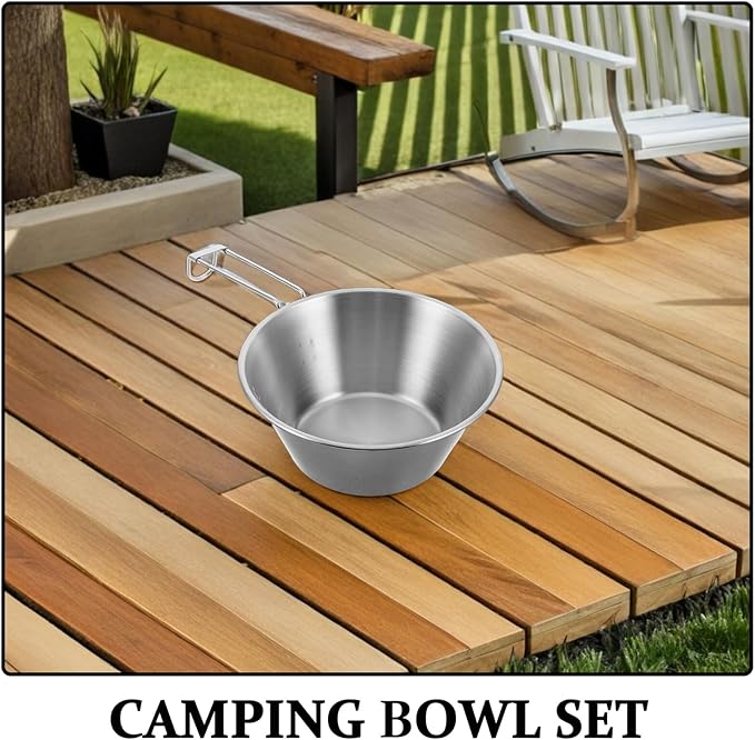 NOLITOY Portable Stainless Steel Camping Bowls Set with Foldable Handle Heat Cold Resistant Outdoor Backpacking Dinnerware for Hiking Picnic and Travel