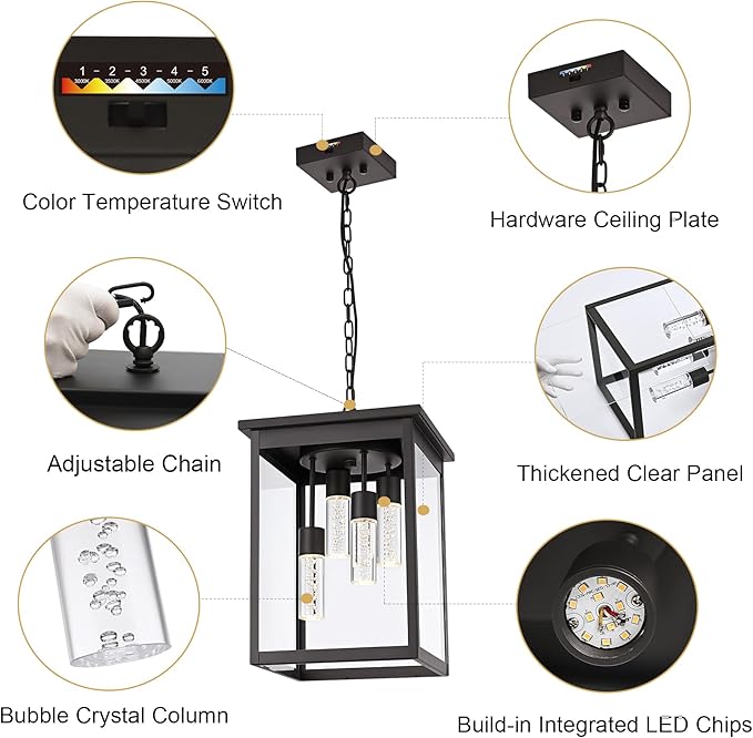 TODOLUZ LED 5CCT 4-Light Large Outdoor Pendant Light Fixtures in Oil Rubbed Bronze Adjustable Height Porch Hanging Lighting for Yard Entryway Patio Exterior Ceiling Lantern LED Chips Included