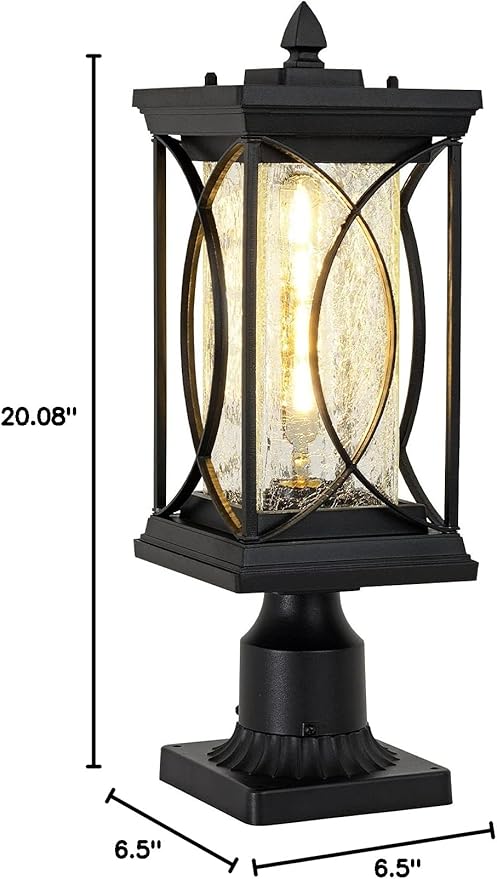 Motion Outdoor Post Lantern Dusk to Dawn Pillar Lamp with 3 Inch Pier Mount Adapter Black Pole Light Aluminum with Crackle Glass Motion Outdoor Post Lights for Patio Yard Garden Pathway
