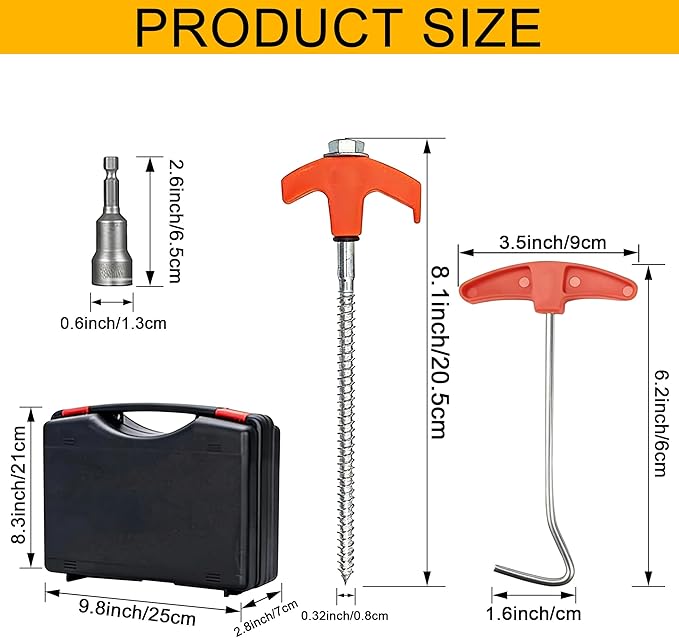 22 Packs Heavy Duty Screw-in Tent Stakes Kit Orange 8 Inch Ground Anchors Camping Stakes Metal Tent Pegs with Hex Socket T Pull Hook &amp Storage Case