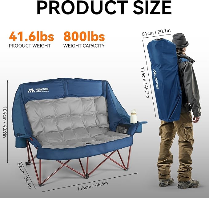 High Back Double Camping Chair 2 Person Camping Chair Low Seat Loveseat Camping Chair Fully Padded Oversized Camping Couch for Adults - Supports 650 LBS with Cup Holders Carry Bag - Blue