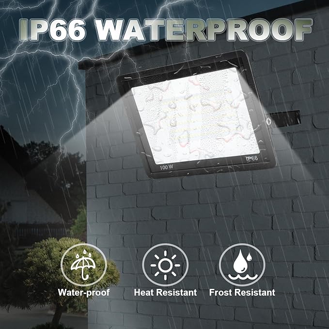 4 Pack 100W LED Flood Light Outdoor10000LM Bright Work Spotlight Plug in6000K Daylight WhiteIP66 Waterproof Exterior Security Floodlights for YardGardenBackyardPatioStadiumParking Lot