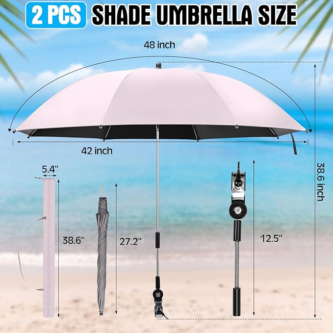 Talltalk 2 Pcs Beach Umbrella with Universal Clamp Adjustable Beach Shade UV Protection Chair Portable Outdoor Umbrella for Camping Patio Chairs Golf Carts
