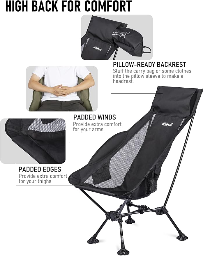 WildCall Lightweight Folding High Back Camping Chair with Head Support Compact Beach Chair with Anti-Sinking Large Feet and Three Tilt Angles Adjustment