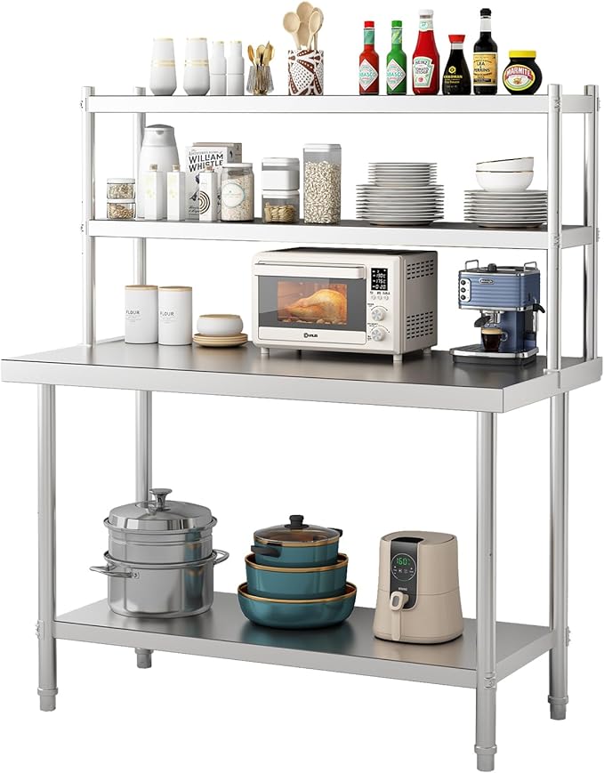 2-Tier Stainless Steel Work Table with Overshelves 47.2 W x 23.6 D x 31.5 H Heavy Duty Commercial Kitchen Prep Table for Restaurant Home Garage Warehouse