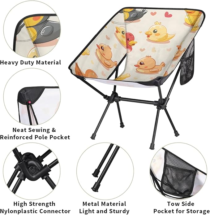 Honeybaby Folding Camping Chair Cute Duck Print Camping Chairs Lightweight Portable Chair Outdoor Foldable Chairs for Camping Travel Picnic Beach Hiking