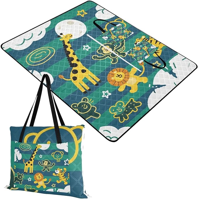 KLL Funny Giraffe Monkey Stripe Green Blue Waterproof Picnic Accessories Sand Free Grass Camp Rug for Outdoorsy People Couples Gift estera de playa