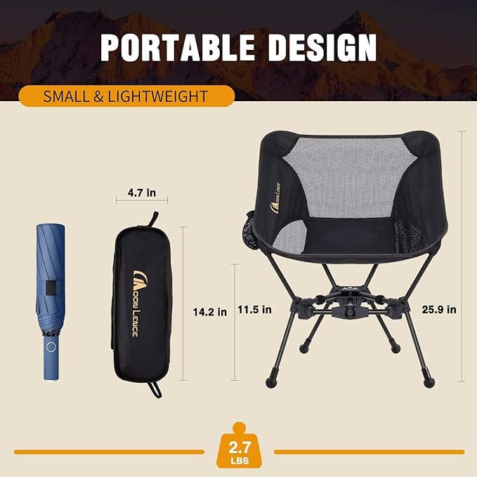 MOON LENCE Portable Camping Chair Backpacking Chair - The 4th Generation Ultralight Folding Chair - Compact Lightweight Foldable Chairs for Hiking Mountaineering Beach (Black-1Pack (Glod-Logo))