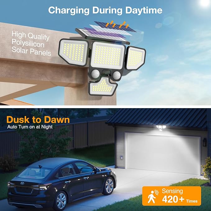 Onforu 3000LM Solar Lights Outdoor 4 Heads Solar Security Lights with Remote Control 180 LEDs IP65 Waterproof Motion Sensor Lights 3 Modes Flood Lights for Wall Porch Yard Outside 3 Pack