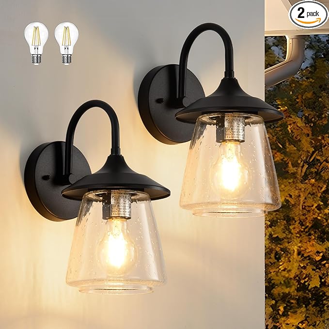 Outdoor Wall Sconce Exterior Waterproof Wall Light Fixture Outside Porch Light with Bubble Glass Shade Matte Black Outdoor Wall Lantern for Patio Garage entryway 2-Pack