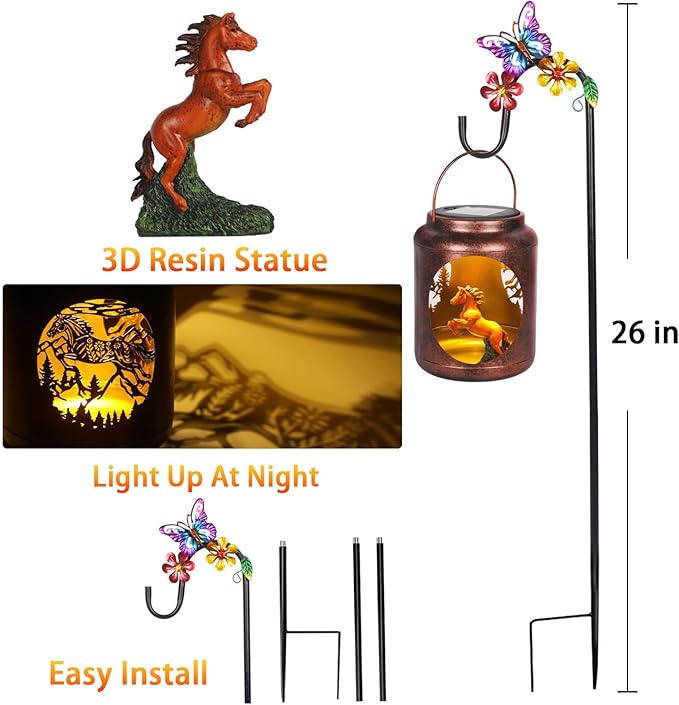 Horse Solar Lanterns Outdoor with Shepherds Hook and Resin Horse Figurine Inside LanternGifts for Women Mom Grandma Hanging Solar Lights for Garden Yard Patio Backyard