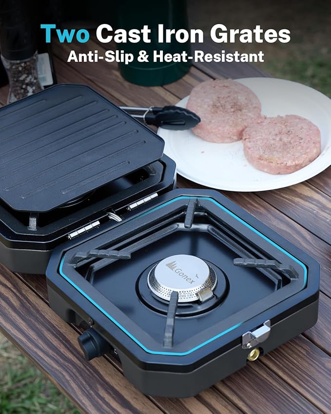 Gonex 2 Burner Propane Camping Stove with Griddle &amp Grates Portable Foldable Cooking Stove with Total 16000 BTU Two Piezo Ignition Adjustable Burners for Camping Patio Emergency Hiking (Blac