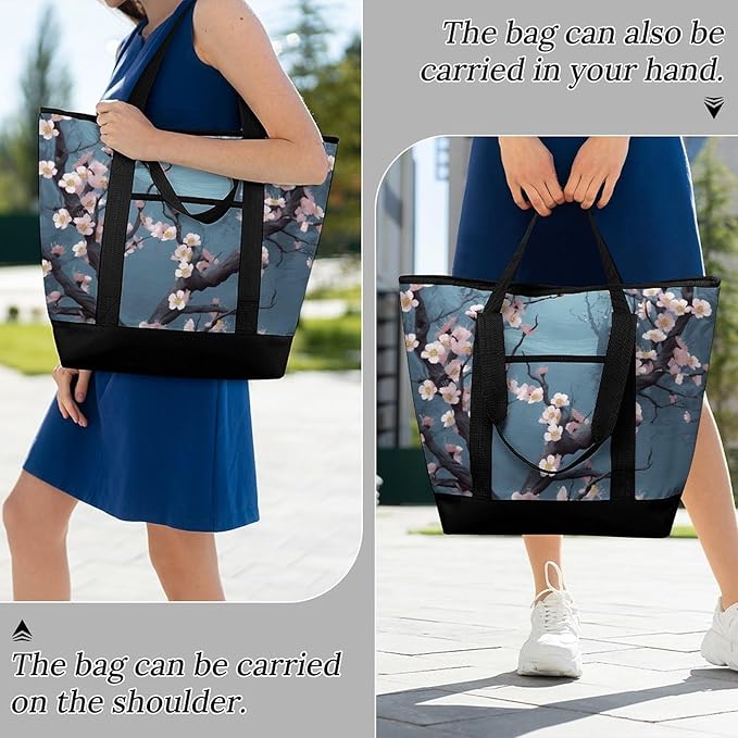 Insulated Shopping BagLarge Reusable Cooler Bags Cherry Blossom Printed Foldable Shopping BagTravel Waterproof Shoulder Bag