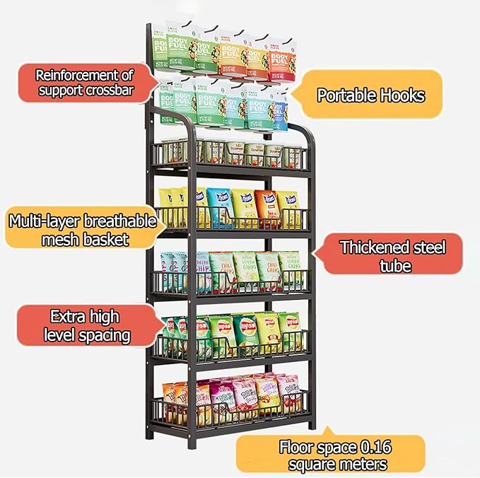 5-Tier Black Floor Standing Display Rack with Hooks Potato Chip Shelf Organizer for Kitchen &amp Commercial Use Ideal for Break Rooms &amp Pantries (Size: 60x27cm)
