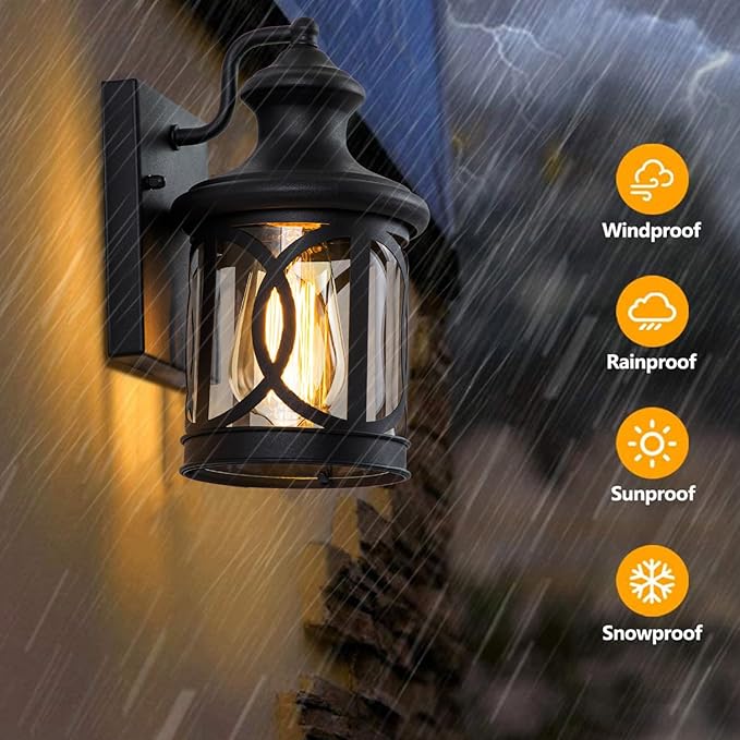 2-Pack Outdoor Wall Lights Porch Lights Waterproof Outdoor Wall Sconce Exterior Light Fixtures Matte Black with Clear Glass Shade for House Garage Patio Front Door Balcony
