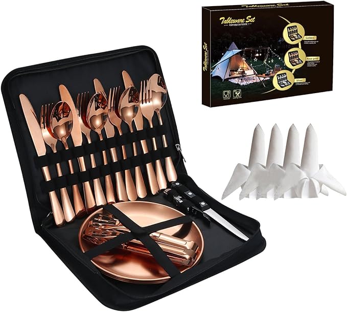 Camping Mess Kits with Portable Case Stainless Steel Outdoor Picnic Dinnerware Set with Plate Spoon Fork Knife Cloth Napkins