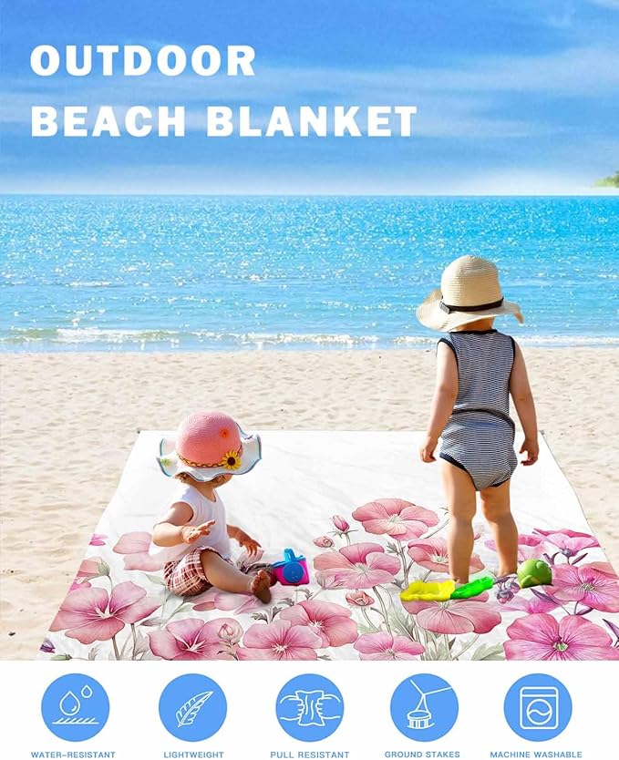Beach Blanket Waterproof Sandproof Watercolor Pink Blossom Floral Quick Drying Beach Mat with 4 Stakes Pastoral Style Flower on White Lightweight Picnic Blanket for Travel Camping Outdoor 83x79