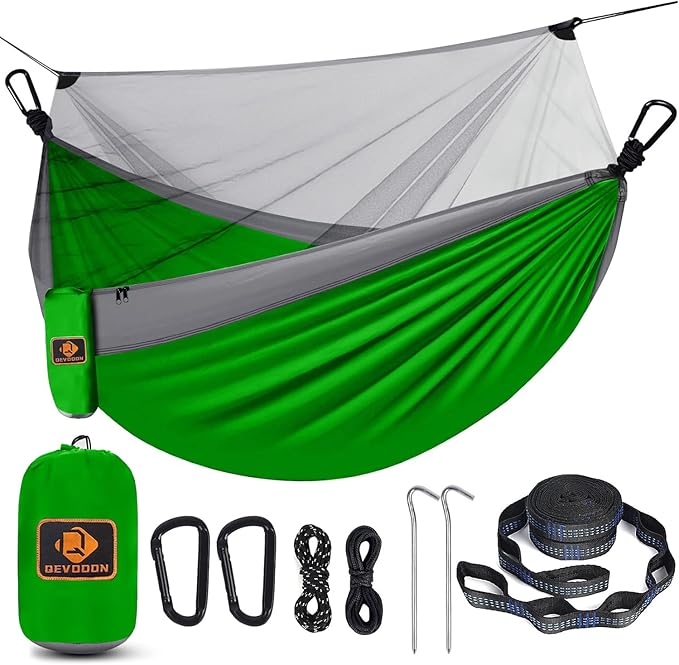 Camping Hammock with NetPortable Lightweight Double Hammocks with Tree Straps and Solid D-Shape CarabinersParachute Nylon Hammock for Backpacking Beach Backyard Patio Hiking Green&ampGrey