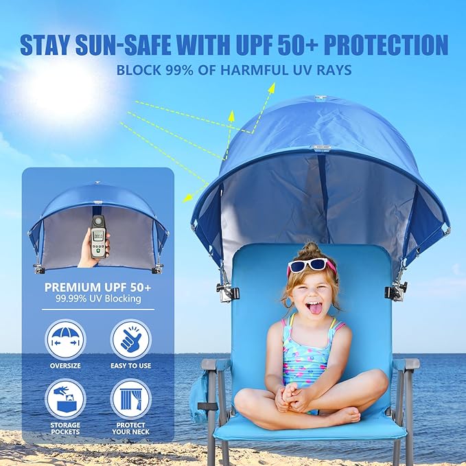 XL Universal Chair Canopy Umbrella UPF 50+ Foldable Sun Shade Attachment with Adjustable Clamp Fits Most Brands’ Beach Camping Lawn Tanning Zero Gravity Lounge &amp Fishing Chairs