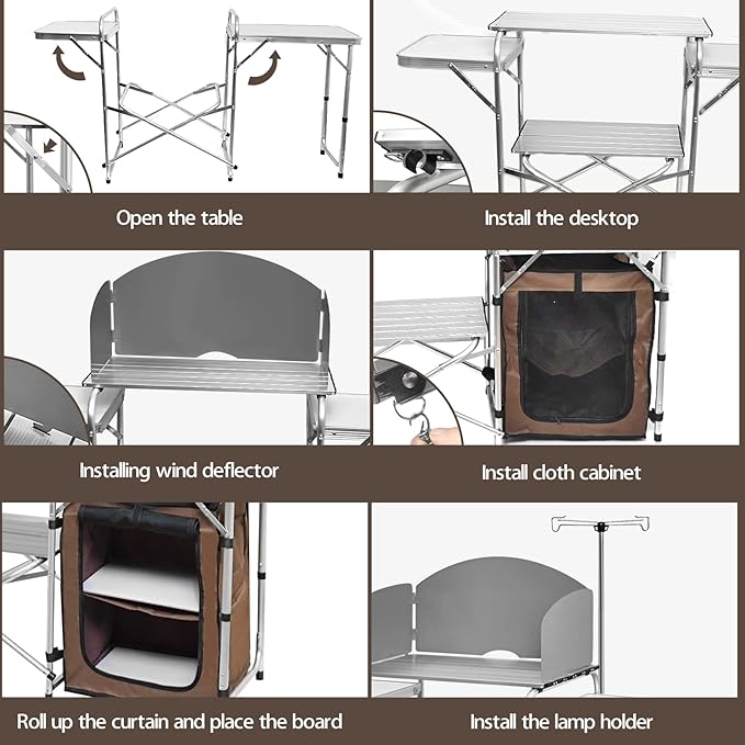 CampLand Folding Camping Kitchen Table with WindscreenPortable Outdoor Cooking Station with Storage Cabinet &amp Side Tables Heavy Duty Camp Cook Station for Camping &amp BBQ（White）
