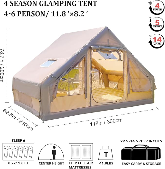 Inflatable Tents for Camping Large Inflatable Camping Tent with Hand Pump Easy Setup Tents for 4-6 People Portable Glamping Tent