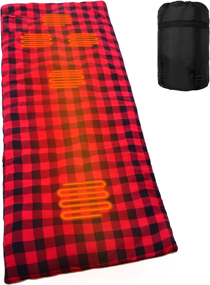 REDCAMP Heated Sleeping Bag Pad Heated Sleeping Bag Liner 5 Heating Zones 3 Adjustable Heat Settings USB Heating Pad for Cold Weather Camping Backpacking or Hiking Green/Red