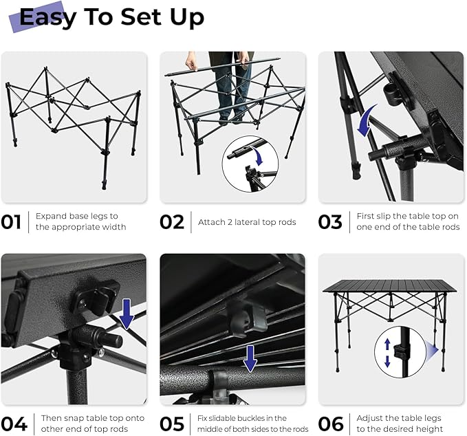 Camping Table Folding Portable Camp Aluminum Fold Up Lightweight Roll Up Table Adjustable Height with Carry Bag Indoor Outdoor for Camping Picnic Backyard BBQ Patio Black