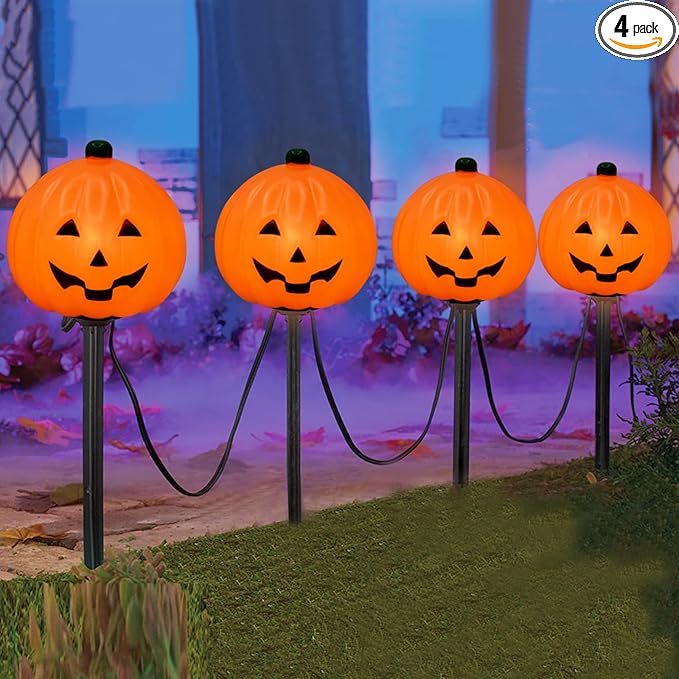 SUNSGNE Halloween Pathway Lights Outdoor Set of 4 Halloween Pumpkin Stake Lights Connectable Jack-O-Lantern Walkway Light for Holiday Garden Party Driveway Lawn Lighting Decor