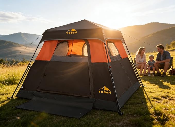 3/4 Person Camping Tent with 1 Door 4 Windows and Upgraded Ventilation– Instant Setup Waterproof 8'x 8'x 67''Oxford Fabric Floor Pop Up in 60 Seconds Includes Rainfly and Backpack