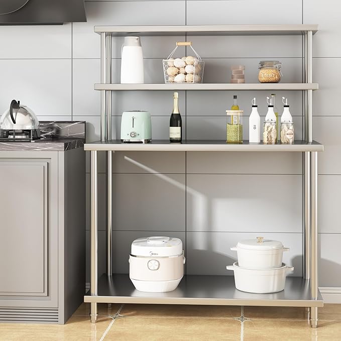 48x24 Stainless Steel Work Table with 2-Tier Adjustable Overshelves Heavy Duty Prep Table with Adjustable Shelf for Commercial Kitchen Restaurant Garage Warehouse