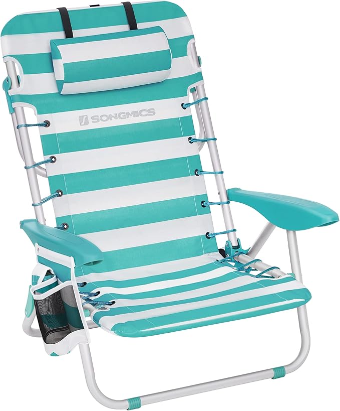 SONGMICS Portable Backpack Beach Chair 331 lb Capacity 4 Angles Adjustable Backrest 2 Side Pockets Towel Bar Green and White UGCB62JW
