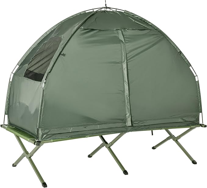 Single Person Elevated Camping Tent Cot Combo: Off-Ground Folding Cot with Attached Weather-Resistant Shelter &amp Carry Bag for Backpacking Hiking and Outdoor Adventures