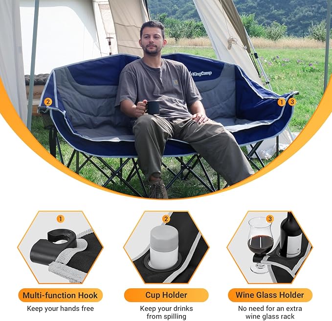 KingCamp 3 Person Camping Chair Oversized 660lbs Heavy Duty Loveseat for Adults Portable Folding XL 2 Person Couch Padded Comfortable Three Seat with Cup Holder for Outdoor Lawn Backyard Black/Grey