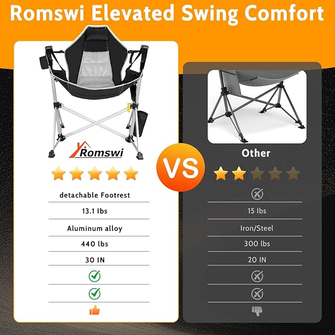 Romswi 2-Pack Aluminum Hammock Chair with Footrest Oversized Portable Folding Swinging Chair with Adjustable Back &amp Seat Lightweight Rocking Camp Chair Supports 440lbs for Outdoor Patio - Black
