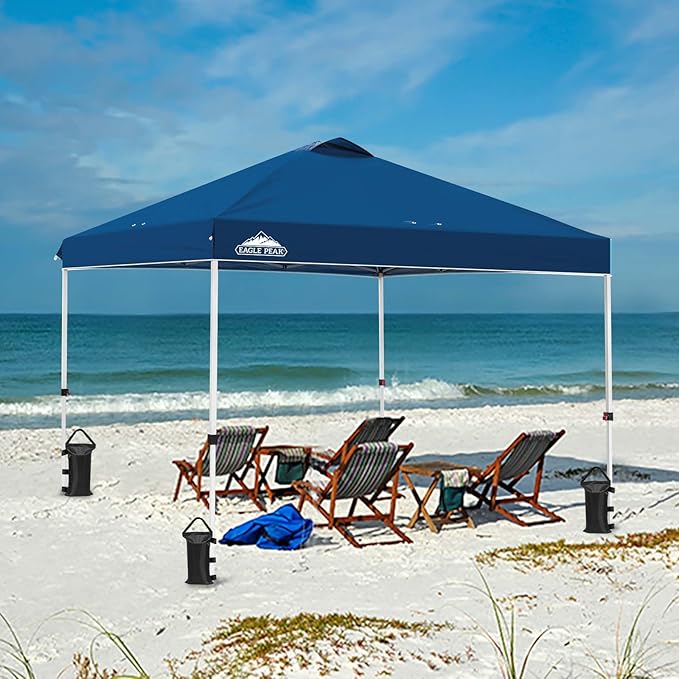 EAGLE PEAK Pop Up Canopy Tent with Wheeled Carry Bag 8 Stakes 4 Ropes 4 Weight Bags Easy Set Up Tent Canopy 10x10 ft 100sqft of Shade Dark Blue