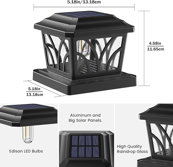 SIEDiNLAR Solar Post Cap Lights Outdoor Aluminum Glass 2 Modes Fence Post Caps for 4x4 5x5 6x6 Vinyl Wooden Posts Fence Deck Patio Decor Warm White/Cool White Lighting 2 Pack (Black)