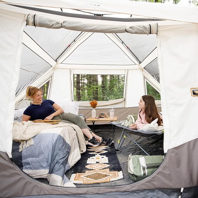CORE Instant Cabin Tent with LED Lights | Large Family Lighted Pop Up Tent with Carry Bag for Camping Glamping and Backyard Adventures | Included Storage Pockets for Camp Accessories