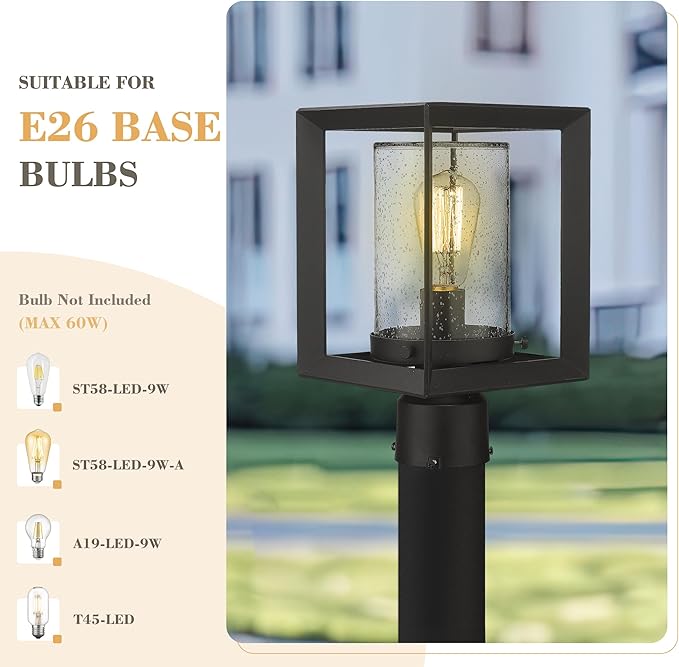 Emliviar Post Lights Outdoor Fixture 1-Light Lamp Post Lantern Black Finish Seeded Glass 2083P BK