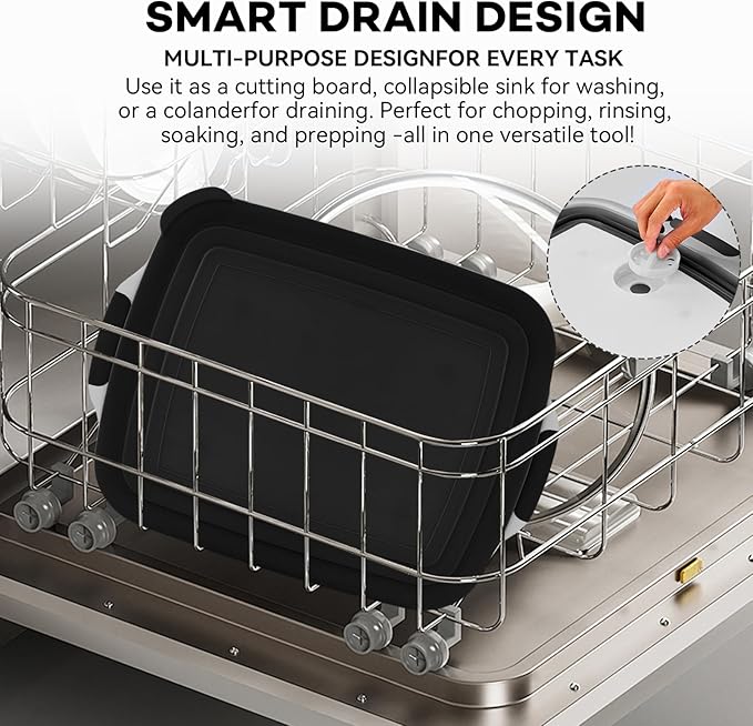 Collapsible BBQ Prep Tub with Cutting Board &amp Lid Folding Food Container BPA-Free Heavy-Duty Dishwasher Safe Upgraded Drain Hole - for Camping Grilling Outdoor Cooking (Black XX-Large)