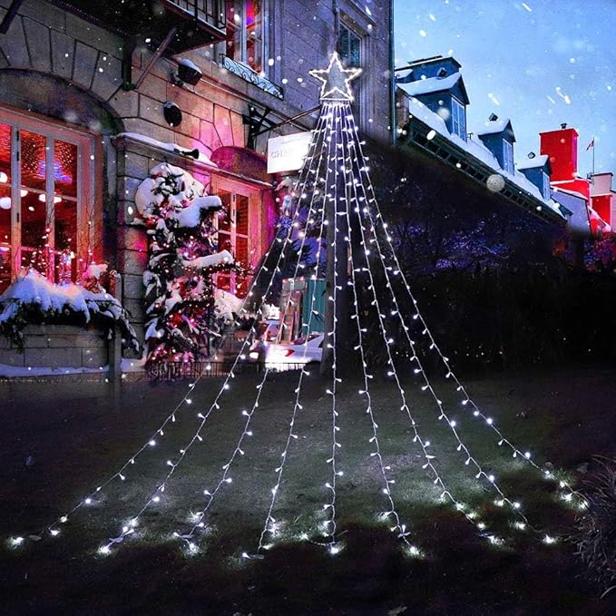 PUHONG Christmas Decoration Star Lights Outdoor320 LED 16.4Ft Christmas String Lights[8 Modes &amp Waterproof] for Halloween Xmas New Year Holiday(Iron) (White)