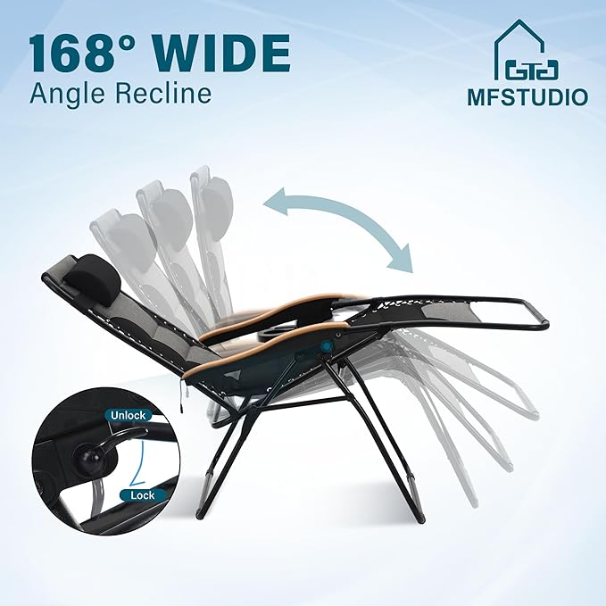 MFSTUDIO Zero Gravity Chairs Set of 2 XL Oversized Outdoor Anti Gravity Chair Patio Lounge Folding Adjustable Chair with Cup Holder &amp Padded Headrest Support 400lbsBlack