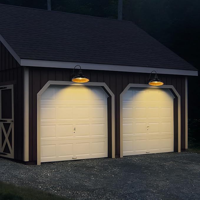 Dusk to Dawn Sensor Outdoor Barn Light Fixture 16 Inch Dome Farmhouse Outdoor Wall Sconce Exterior Wall Mount Light Industrial Black Gold Wall Lantern for Porch Garage Shed1 Pack