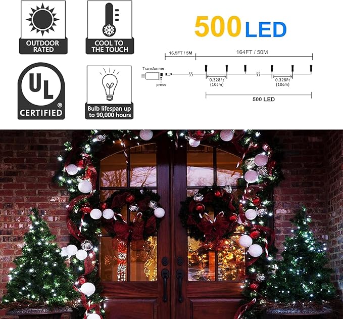 kemooie 500 LED Christmas String Lights 164FT 8 Lighting Mode with Memory Plug in Green Wire Waterproof Lights for Outdoor Indoor Birthday Christmas Wedding Party Garden Balcony Decorations (White)