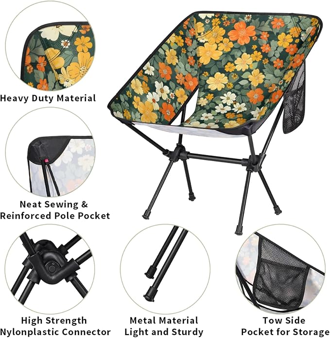 Flowers Green Portable Camping Chair Folding Chairs for Outside Lightweight Backpacking Chair Outdoor Collapsible Beach Chairs for Adults Fishing Lawn Picnic Travel Hiking