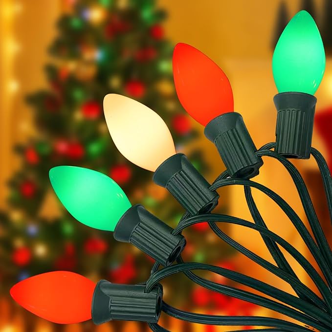 C7 LED Christmas String Lights 25FT Vintage Multicolor Lights with 27 Red/Green/White Ceramic LED Bulbs Outdoor String Lights for Christmas Tree Party Backyard - Green Wire