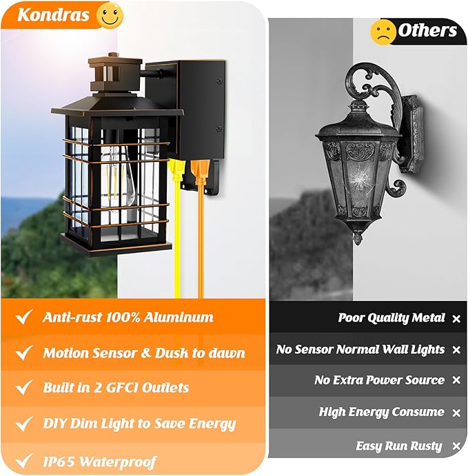 Porch Lights with GFCI Outlet 2-Pack Motion Sensor Dusk to Dawn Waterproof Outdoor Lights 3 Modes Oil-Rubbed Bronze Exterior Light Fixtures Wall Mount Outside Wall Lanterns for Front Door House